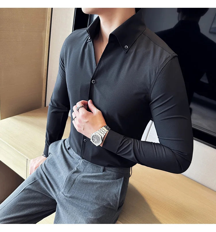 Camisa de vestir de hombre Otoño Estilo británico Liso Casual Ajustado Formal Camisas Cuello en V Manga Larga Camisa Ropa de hombre Streetwear