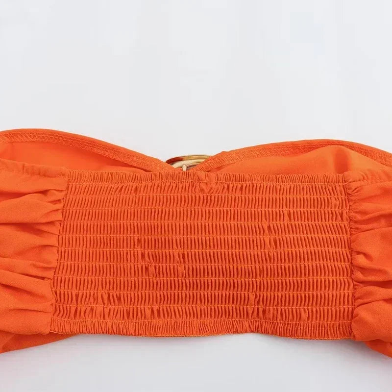 Sexy Bikini Top Skirt Set Women Long Lantern Sleeve Off Shoulder Cropped Tops Pleated Split Skirts 2025 Summer Lady Beach Outfit