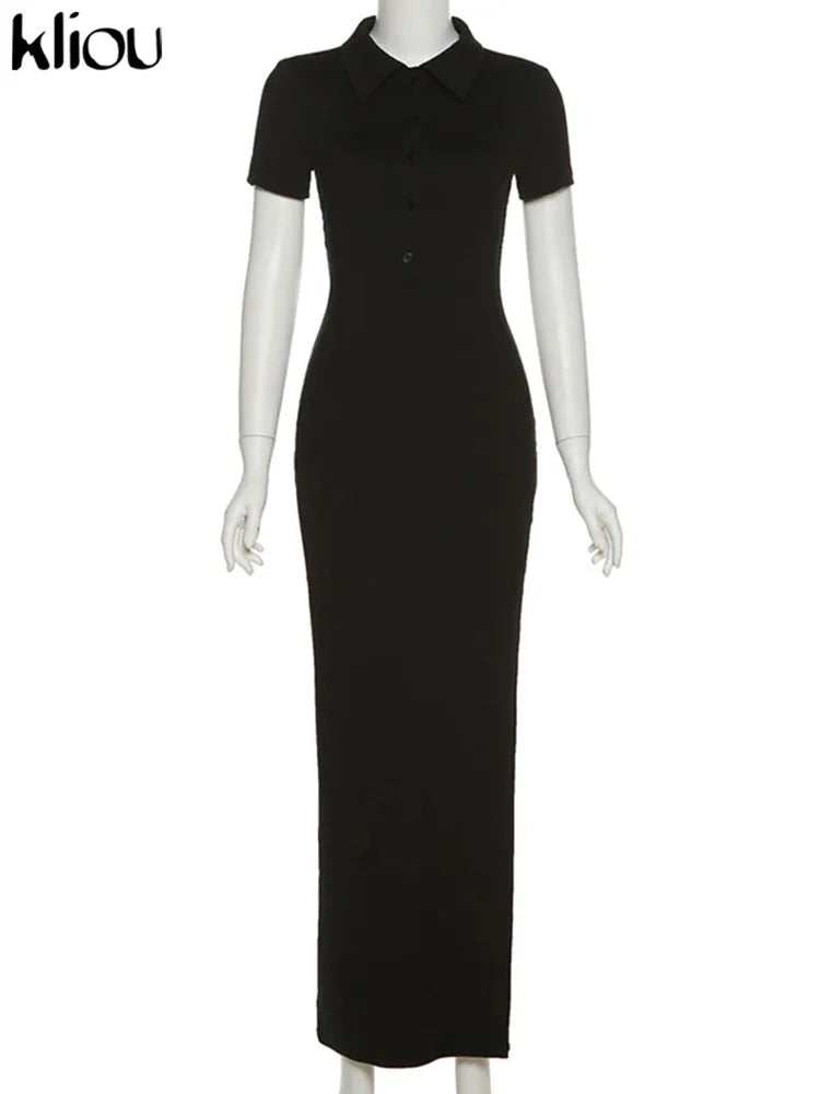 Kliou Elegante Vestido Largo de Oficina para Mujer Color Liso Cuello Vuelto Manga Corta Botones Abertura Lateral Moldeador de Cuerpo Estilo Urbano