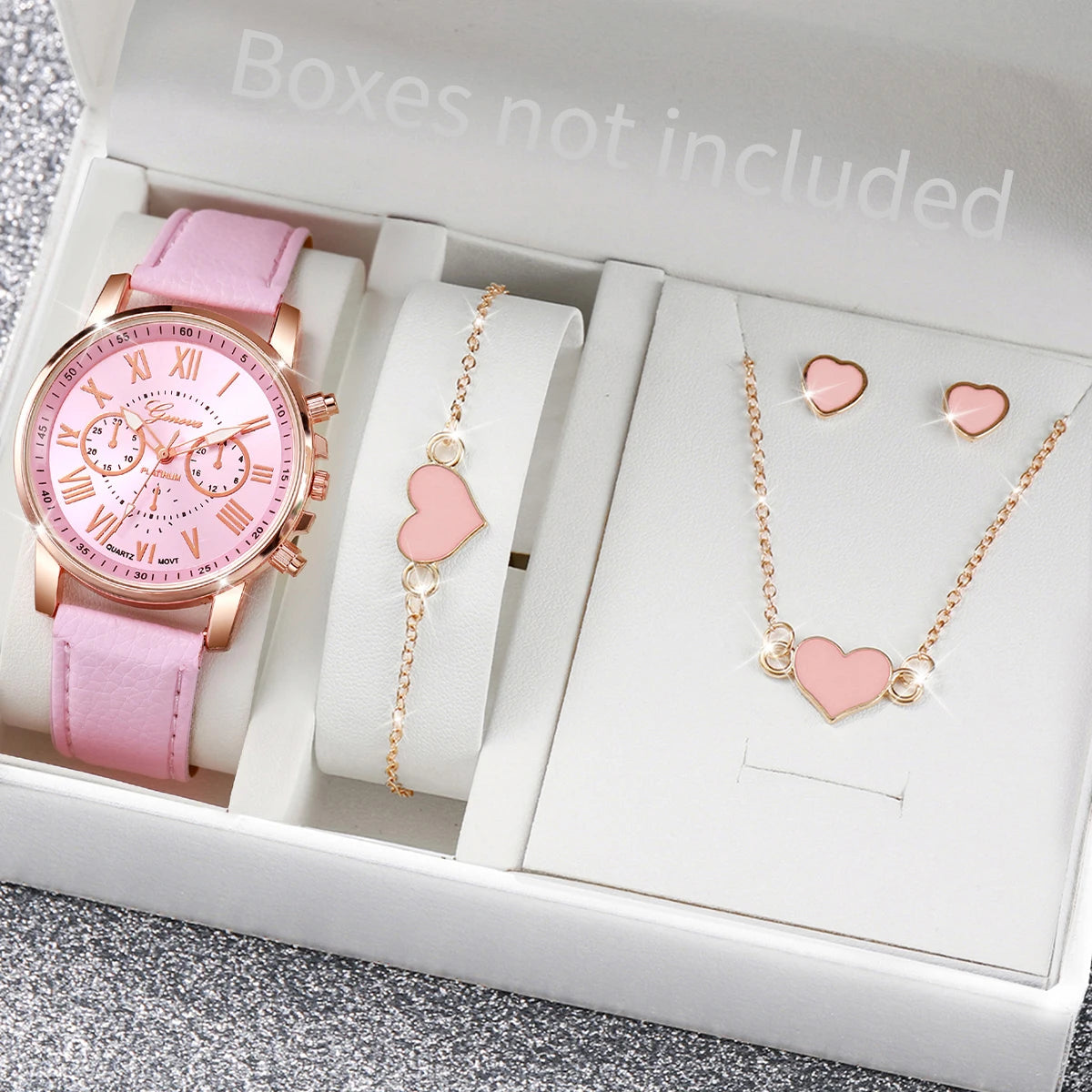 5/6PCS Reloj de cuarzo de moda para mujer, correa de cuero, relojes de pulsera analógicos, conjunto de joyas con corazón de diamantes de imitación (sin caja)