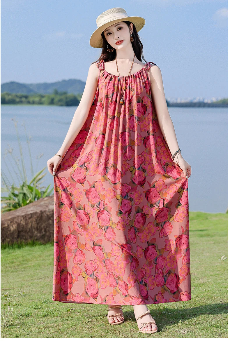 New Fashion Hot Summer Dresses For Women Casual Flower Print Floral Sleeveless Dress Vintage Dress Loose Women Clothing