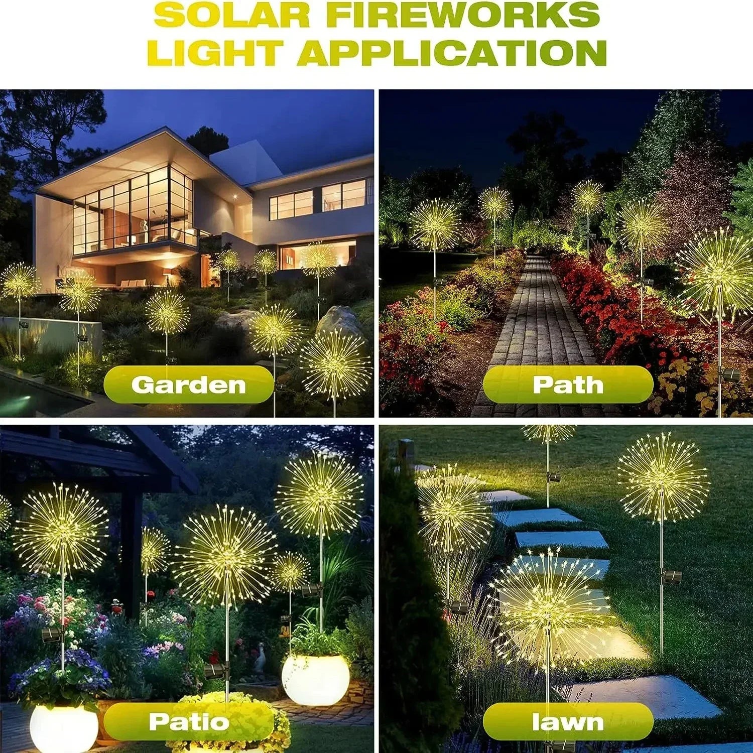 Guirlande lumineuse solaire LED extérieure en forme de feu d'artifice, étanche, en forme de pissenlit, pour la décoration de jardin et d'aménagement paysager. Décoration de pelouse et d'aménagement paysager.