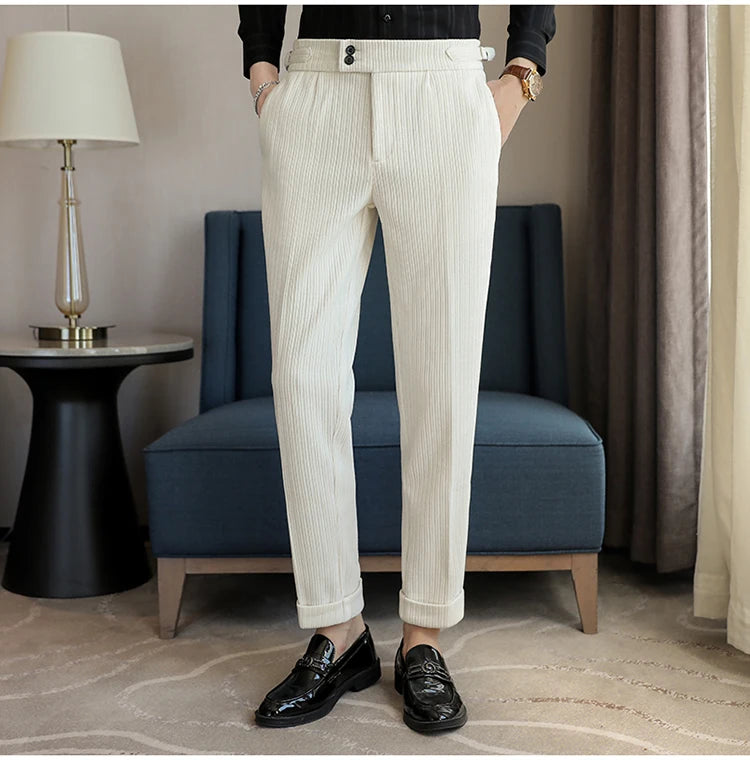 Nuevo pantalón informal de cintura alta de felpilla napolitana de lujo ligero para hombres, pantalón de vestir para hombres de ajuste delgado con sensación premium, pantalón