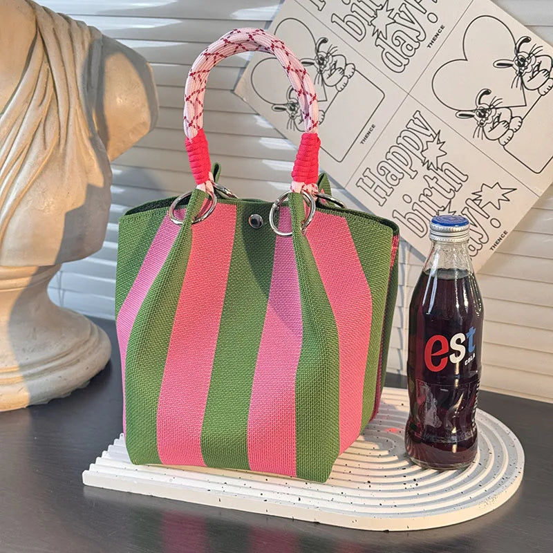 Metal Ring Handbag Fashionable Women'S Bucket Bag Knit Tote Bag Spacious Color Block Handbag For Leisure Travel Daily Commuting
