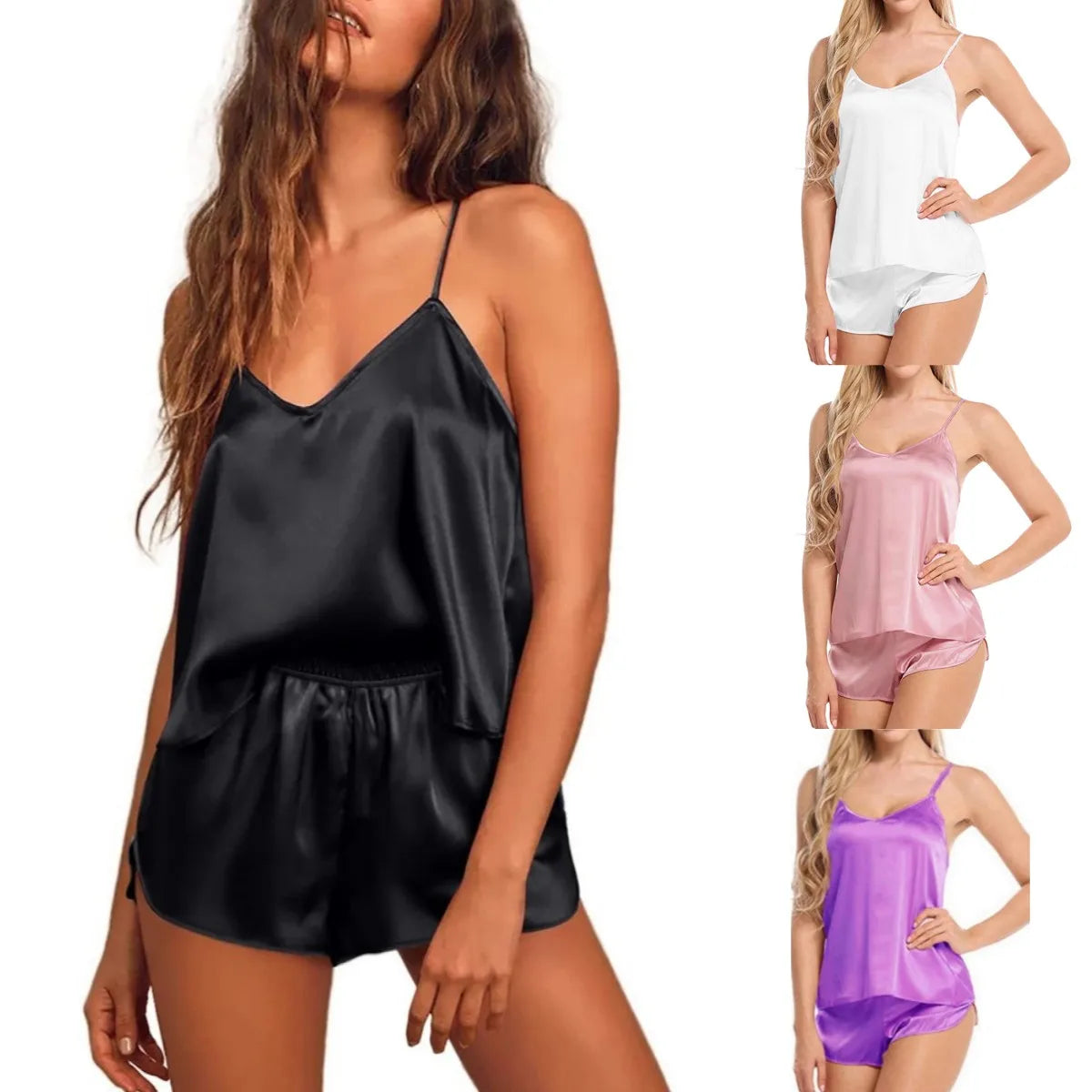 Conjunto de lencería de pijama para mujer, de satén y seda, camisola y shorts, ropa de dormir, top y shorts, trajes de ropa de dormir sin mangas
