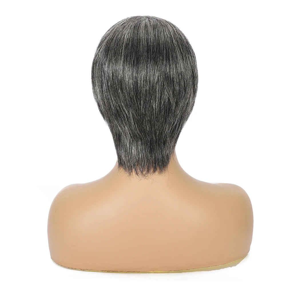 Short Ombre Grey Wig Human Hair Salt and Pepper Human Hair Wigs for Women Short Pixie Wig with Bangs Gray Machine Made Wigs