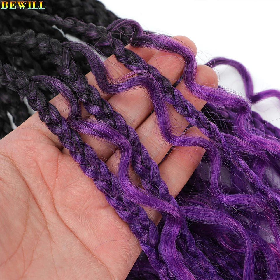 18" Long Boho Braids Extensions Goddess Box Braids Crochet Hair Black Purple Pink Synthetic Braiding Hair Bohemian Hippie Braids