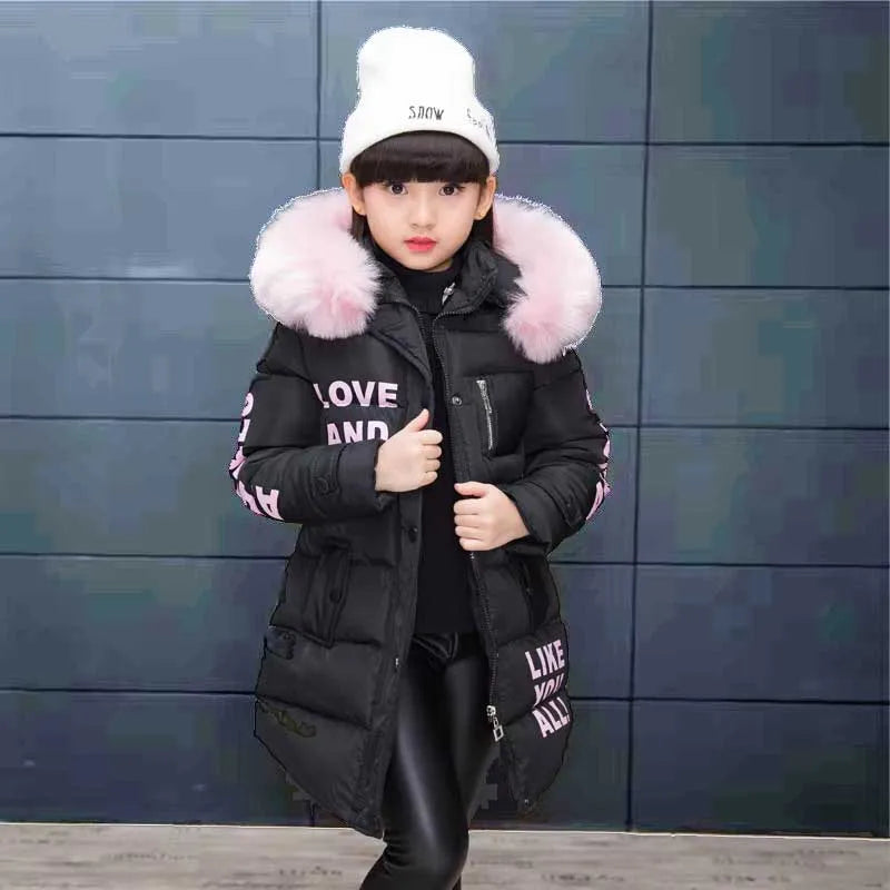 Winter Warm Jackets for Girls Fashion Fur Hooded Children Girls Waterproof Outwear Kids Cotton Lined Parkas