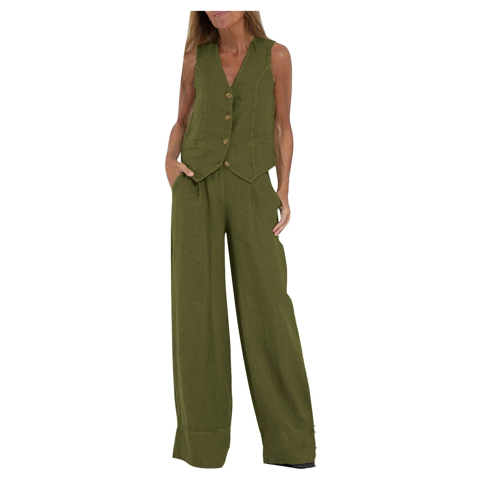 Conjuntos de chaleco y pantalón de moda para mujer, de algodón liso, traje informal, top sin mangas con botones de patchwork + pantalones, conjunto de 2 piezas para la oficina