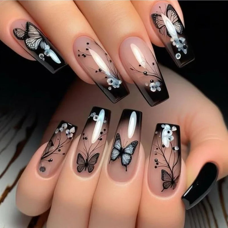 24 Piezas Uñas Postizas Ataúd Dulce Fresco Mariposa Flor Acrílico Brillo Uñas Falsas Brillantes Cubierta Completa Otoño Puntas de Uñas a Presión