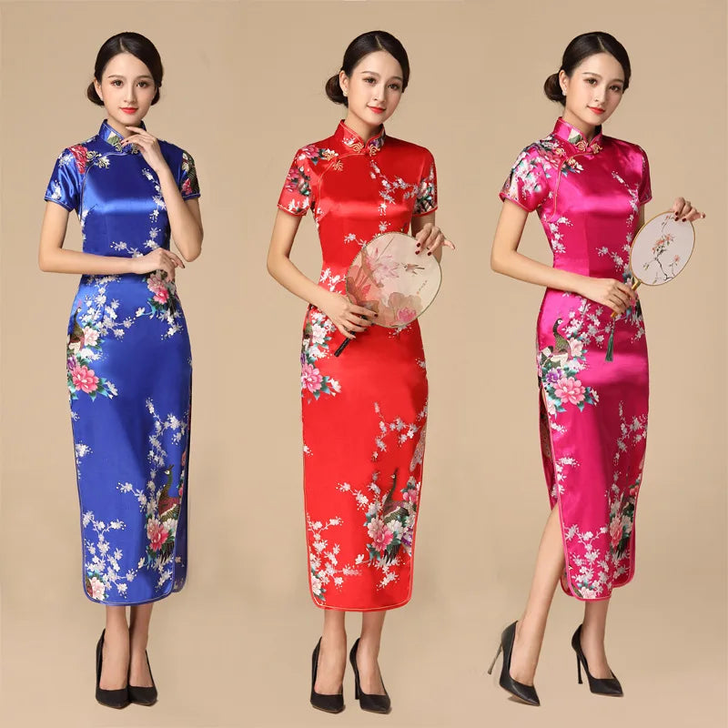 Print Satin Qipao Lady Elegant Dresses Sexy Cheongsam Chinese Tradition Style Dress Summer New Long Qipaos Plus Size 4Xl5Xl6Xl