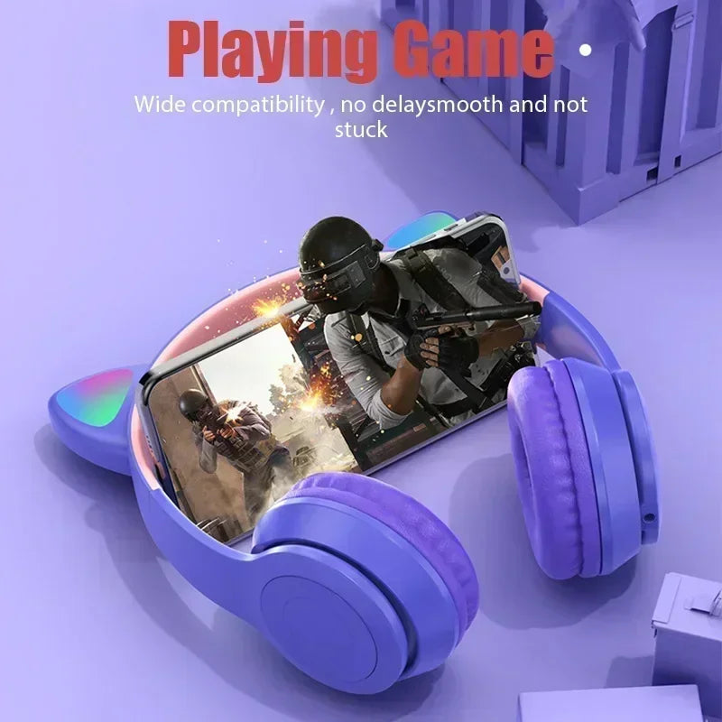 Casque de jeu sans fil P47M avec lumière clignotante et oreilles de chat mignonnes, avec micro, contrôle LED, musique stéréo, téléphone, Bluetooth, cadeau