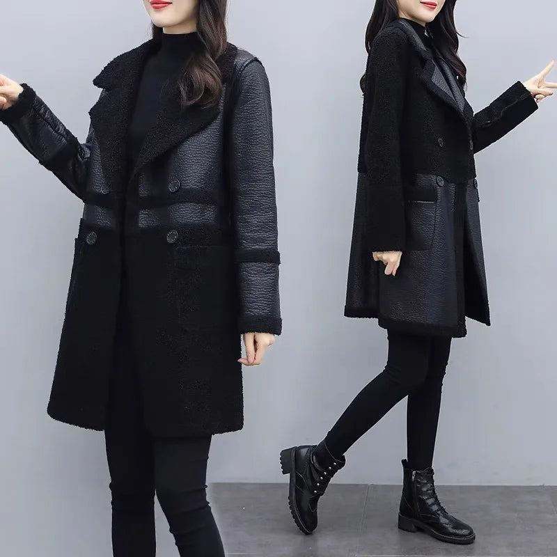 Nuevos Abrigos Largos de Cuero para Mujer, Forro Polar Cálido, Doble Cara, de Piel, Chaquetas de Piel Holgadas e Informales, Colección Otoño-Invierno