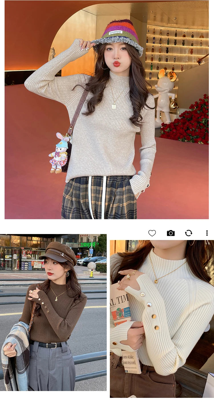 Suéter de otoño invierno para mujer, jerséis, tops de manga larga, ropa, suéter suave de punto delgado, ropa de calle, suéter de cuello alto con botones