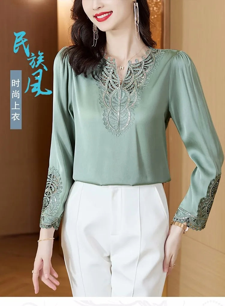 Moda Mujer Blusas de Seda Primavera Otoño Camisas de Manga Larga Bordadas Elegantes Tops de Diseño Retro para Oficina