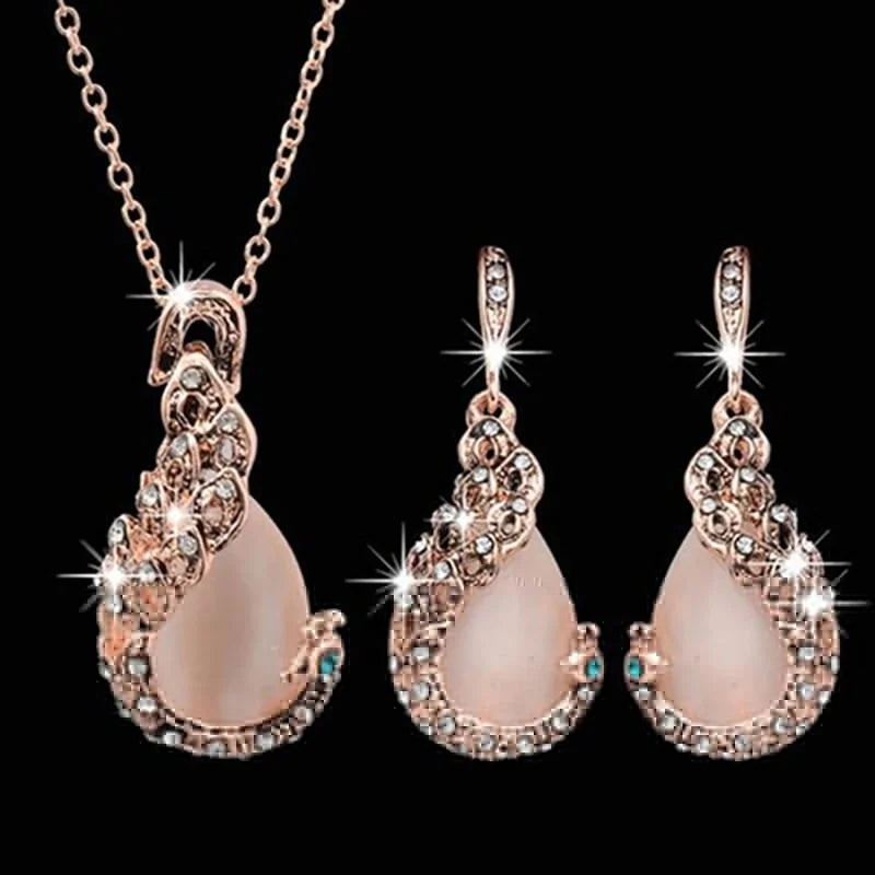 Juego de joyas de 3 piezas/set para mujer, elegante collar con colgante de diamantes de imitación en forma de gota de agua y pendientes de gancho