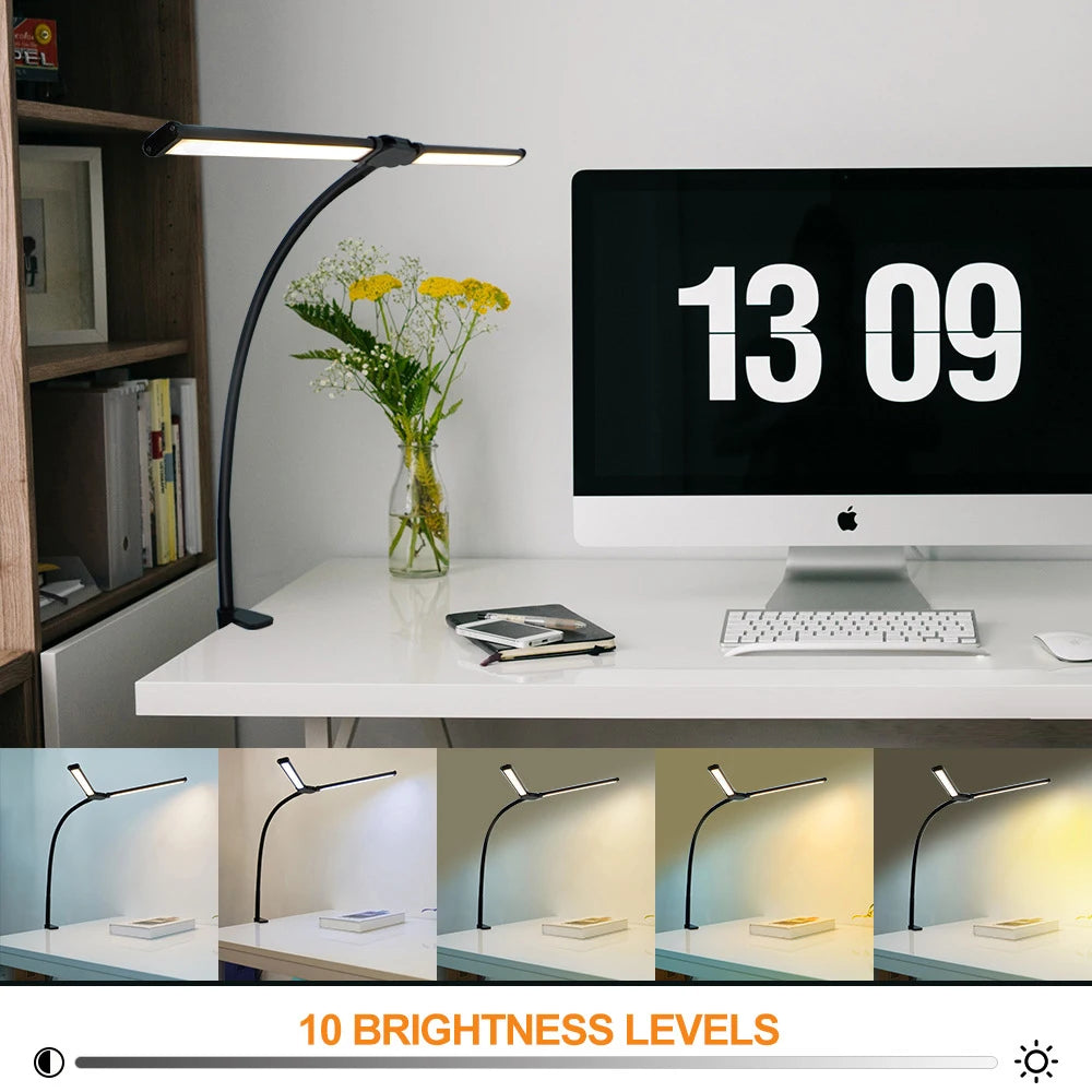 Lámpara de escritorio LED de oficina para el hogar, doble cabezal, atenuación continua, luces de lectura que cuidan la vista, 3 modos de color, lámparas de mesa de PC ajustables y flexibles