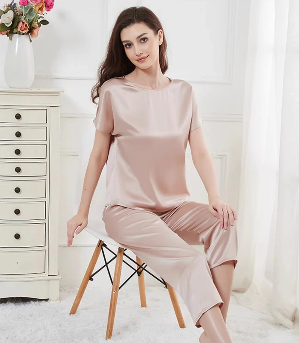 Conjunto de pijama de 2 piezas para mujer, pantalones capri, top de manga corta, seda de morera de 19 mommes, ropa de dormir, pijamas, ropa de estar por casa M-3XL