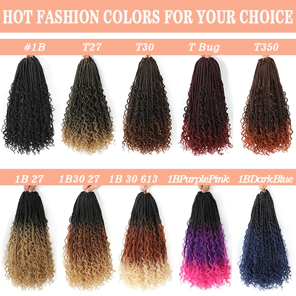 18" Long Boho Braids Extensions Goddess Box Braids Crochet Hair Black Purple Pink Synthetic Braiding Hair Bohemian Hippie Braids