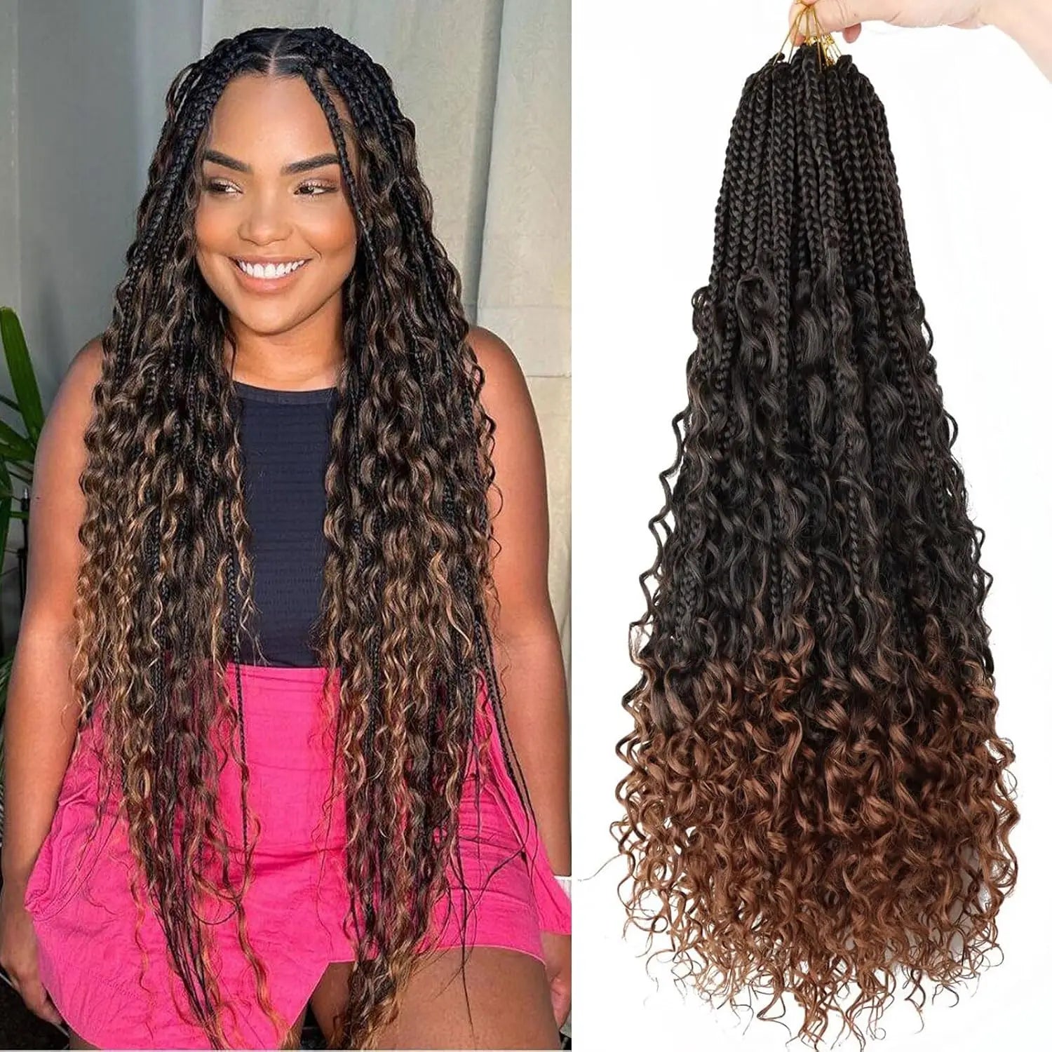1/7 Paquetes de trenzas Goddess Box Braids de 10 a 24 pulgadas, pre-bucle, Boho Box Braids con puntas rizadas, cabello sintético para trenzas de ganchillo 3X