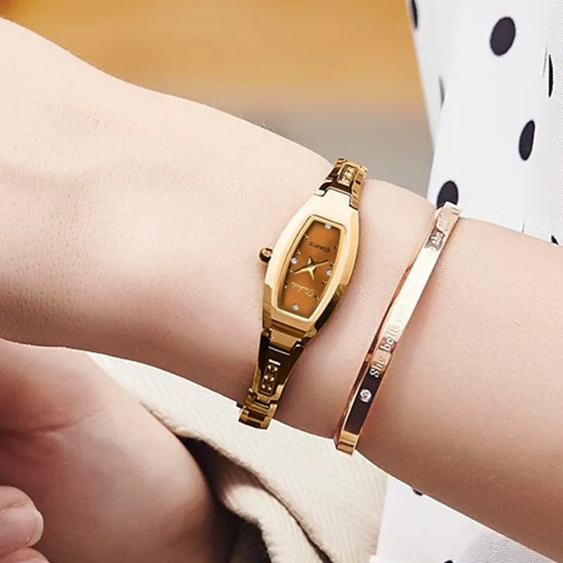 Pequeños Relojes de Pulsera Dorados Retro para Mujer Relojes de Pulsera Vintage con Brazalete de Acero Relojes de Pulsera de Cuarzo Negros Reloj Mujer