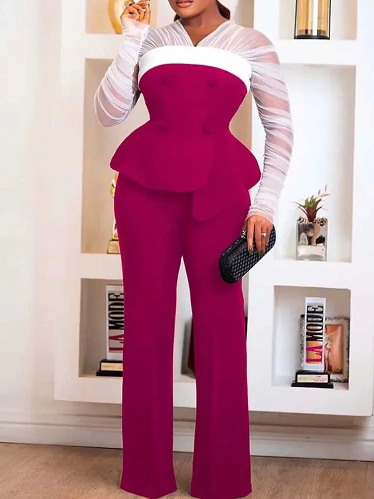 Conjunto de pantalones elegante de dos piezas para mujer, ropa de oficina femenina, top ajustado con mangas de malla blanca y pantalones holgados, conjuntos sexys y chic para primavera