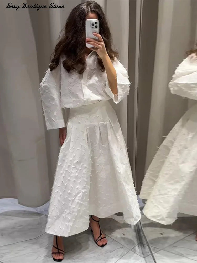 White Tassel Shirt Long Skirt Set Women Lapel Wrist Sleeve Loose Button Top High Waist A-line Skirt 2025 Summer 2 Piece Outfits