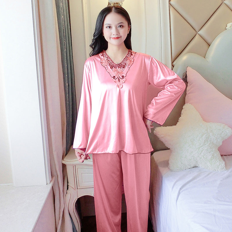 Women's Pajamas Set Summer Long Sleeve And Pants Pyjamas Two-piece Set Pajama Ice Silk Satin Sexy Sleepwear Home Suit Loungewear