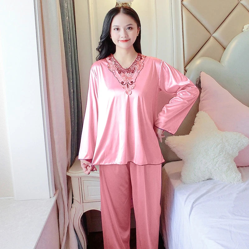 Women's Pajamas Set Summer Long Sleeve And Pants Pyjamas Two-piece Set Pajama Ice Silk Satin Sexy Sleepwear Home Suit Loungewear