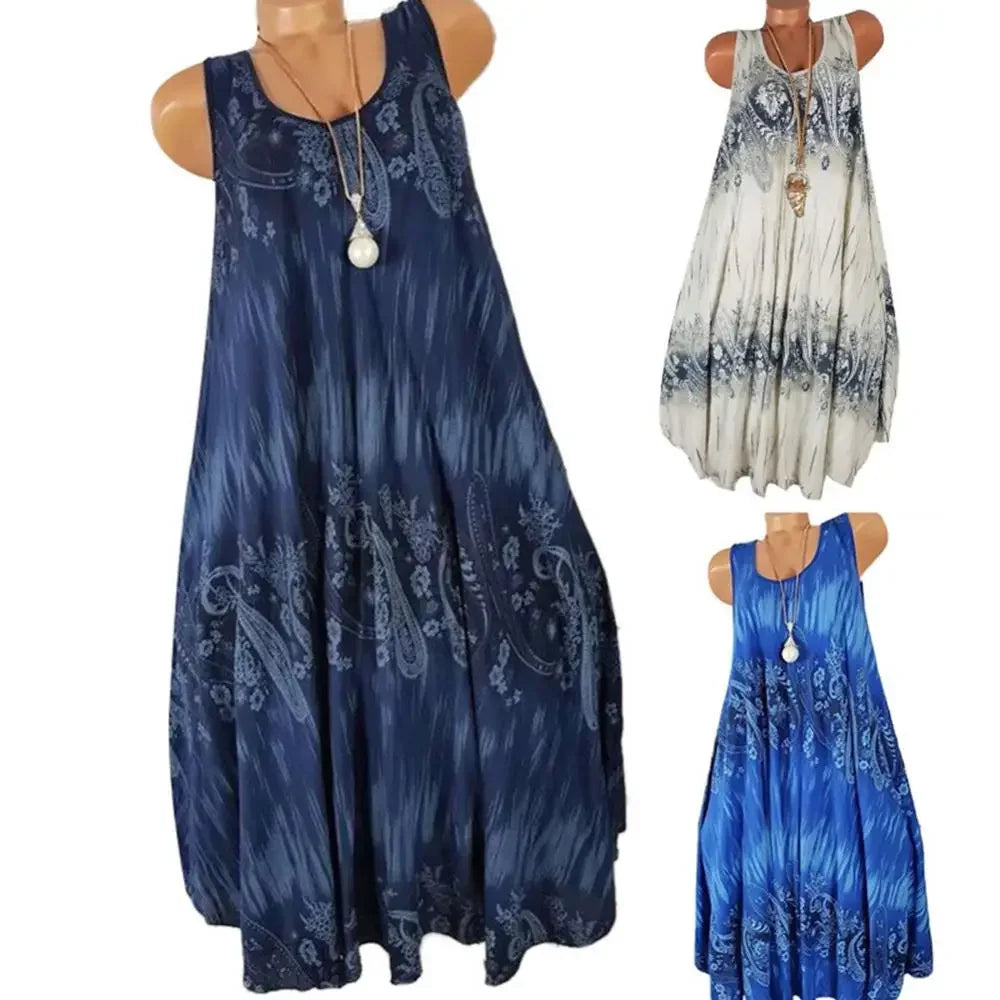 Vestido de verano para mujer, estampado floral, cuello redondo, sin mangas, holgado, plisado, talla grande