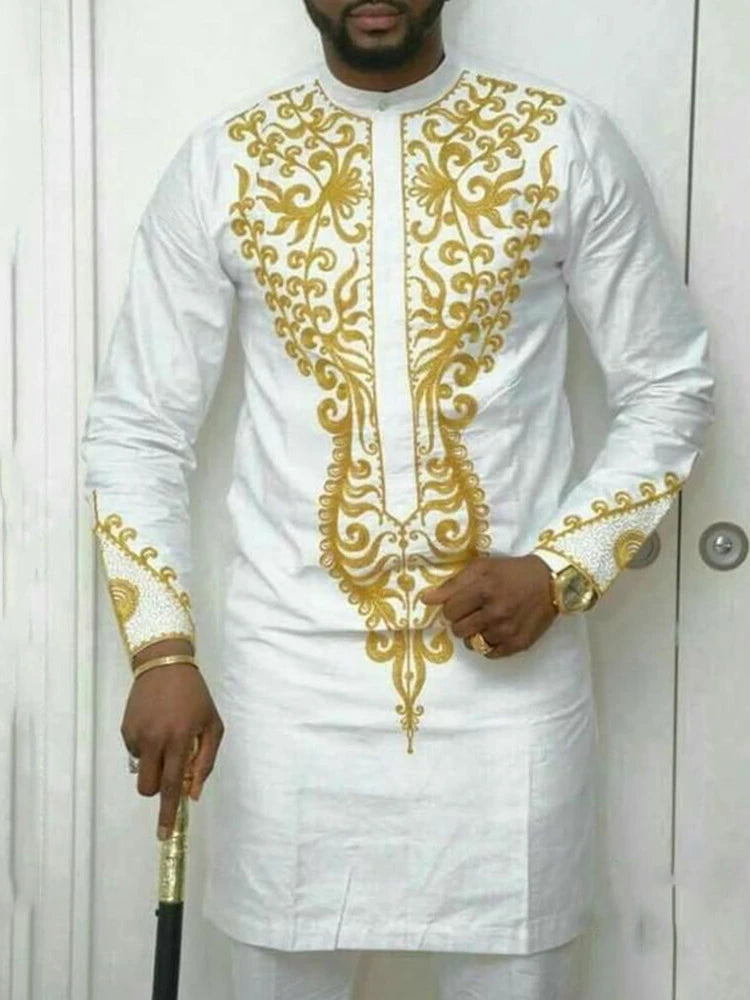Conjuntos de camisas bordadas para hombres africanos África Manga larga Cuello redondo Top Pantalones Dos piezas Traje tradicional étnico de fiesta de boda
