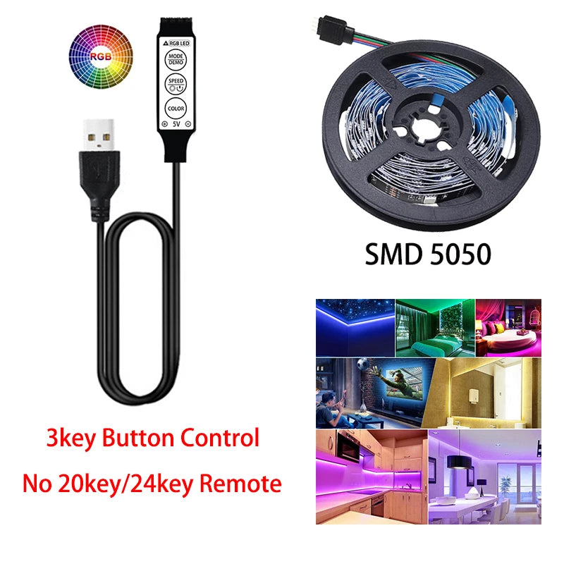 Tira de luz LED 5050 USB Lámpara flexible Cinta 3 teclas RGB Cinta 1M 2M 3M 4M 5M DC5V Decoración Retroiluminación de TV