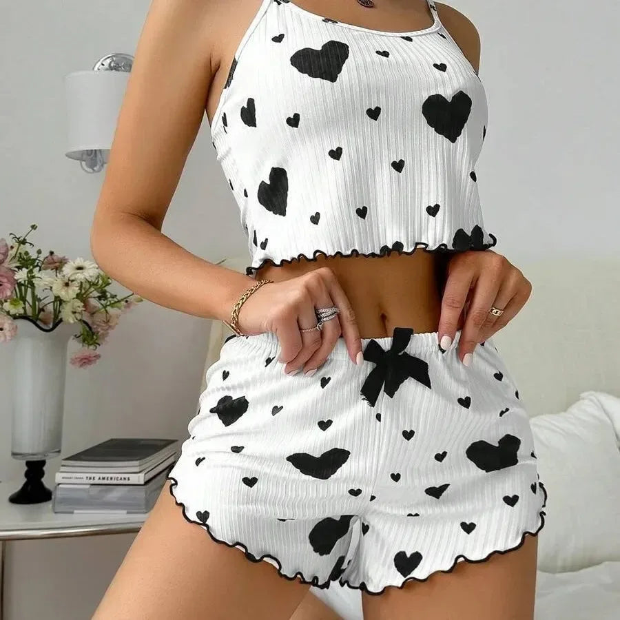 Ropa de dormir para mujer, conjuntos de pijamas de otoño e invierno, chaleco sin mangas con estampado de corazón y pantalón largo, conjunto de lencería sexy y pijamas