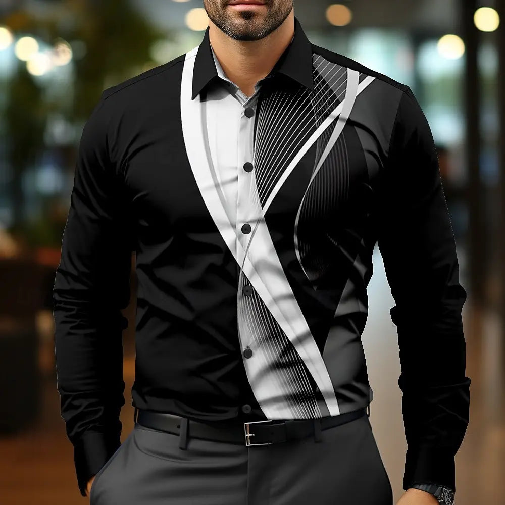 Camisa de hombre, camisas de manga larga de otoño para hombre, blusas estampadas en 3D, moda urbana, ropa de hombre casual de gran tamaño, camisas negras de negocios