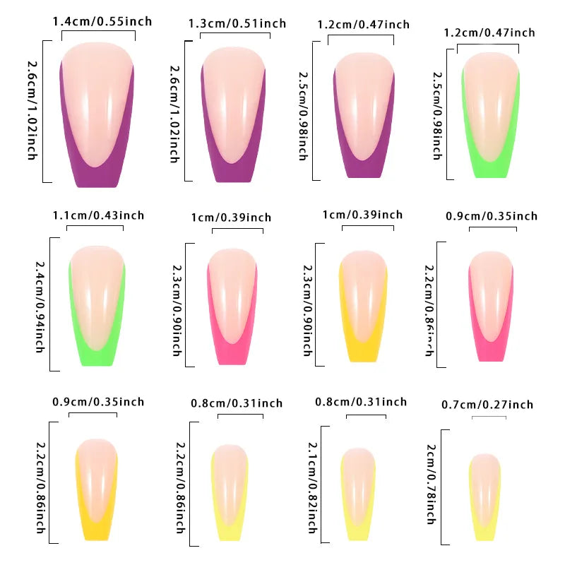Uñas a presión francesas coloridas con diseños, uñas postizas a presión de cabeza cuadrada larga, pegamento simple portátil para uñas, uñas postizas