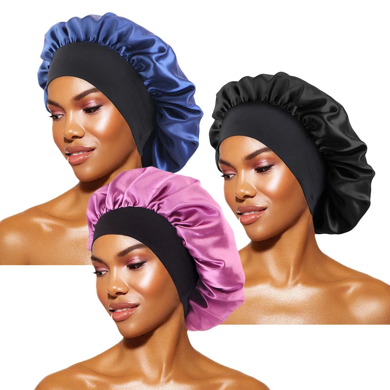 Gorros de satén lisos para mujer, con ala ancha, para dormir, bañarse, gorro unisex, con banda elástica, para el cuidado del cabello