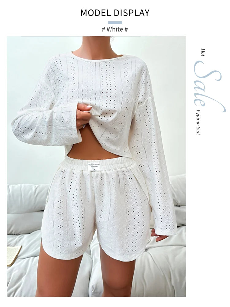 Conjunto de pijama para mujer, ropa de dormir, ropa de descanso, otoño, suave y cómodo, tops de manga larga con pantalones cortos, pijama de mujer, ropa de casa, 2 piezas