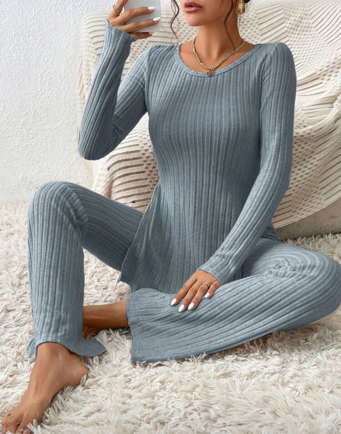 Ropa de Mujer Otoño Invierno Nuevo Estilo Color Sólido Sexy Casual Manga Larga Cuello Redondo Rajado Moda Temperamento Conjunto de Dos Piezas