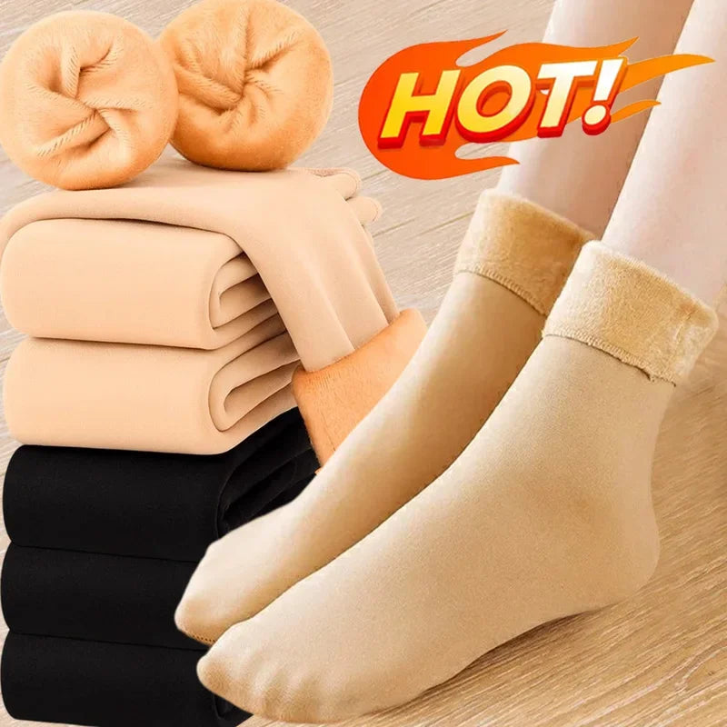 Harajuku Autumn Winter Warm Solid Women Sock Wool Thicken Thermal Socks Black Skin Seamless Snow Hosiery Velvet Home Floor Socks