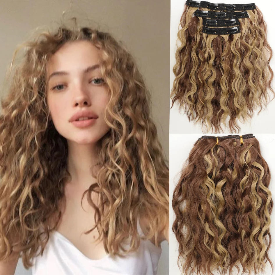 Peluca sintética para mujer de 12 pulgadas, 4 piezas/juego, extensiones de pelo corto, extensiones de pelo ondulado, extensiones de pelo ondulado, dorado miel