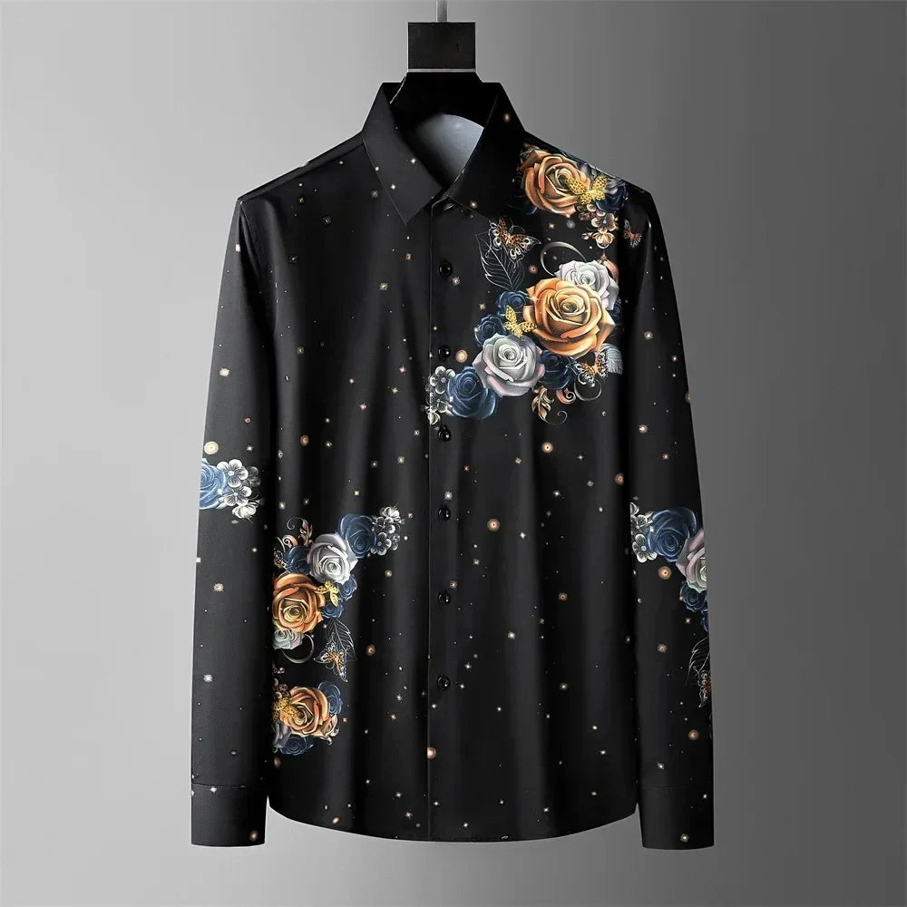 Camisa estampada de lujo camisa casual de manga larga para hombre corte entallado para fiesta social chaqué de hombre