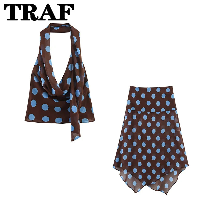TRAF Faldas Midi Estampadas de Lunares Conjuntos de Dos Piezas para Mujer Trajes Chic de Top Halter con Pañuelo de Verano Conjuntos de 2 Piezas para Mujer de Playa