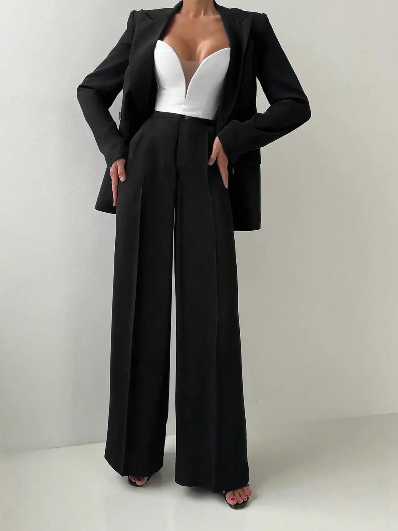 Women's Elegant Casual Blazer Jacket And Straight-Leg Pants Suit Set Spring Autumn & Winter Suitable for Office Work Business