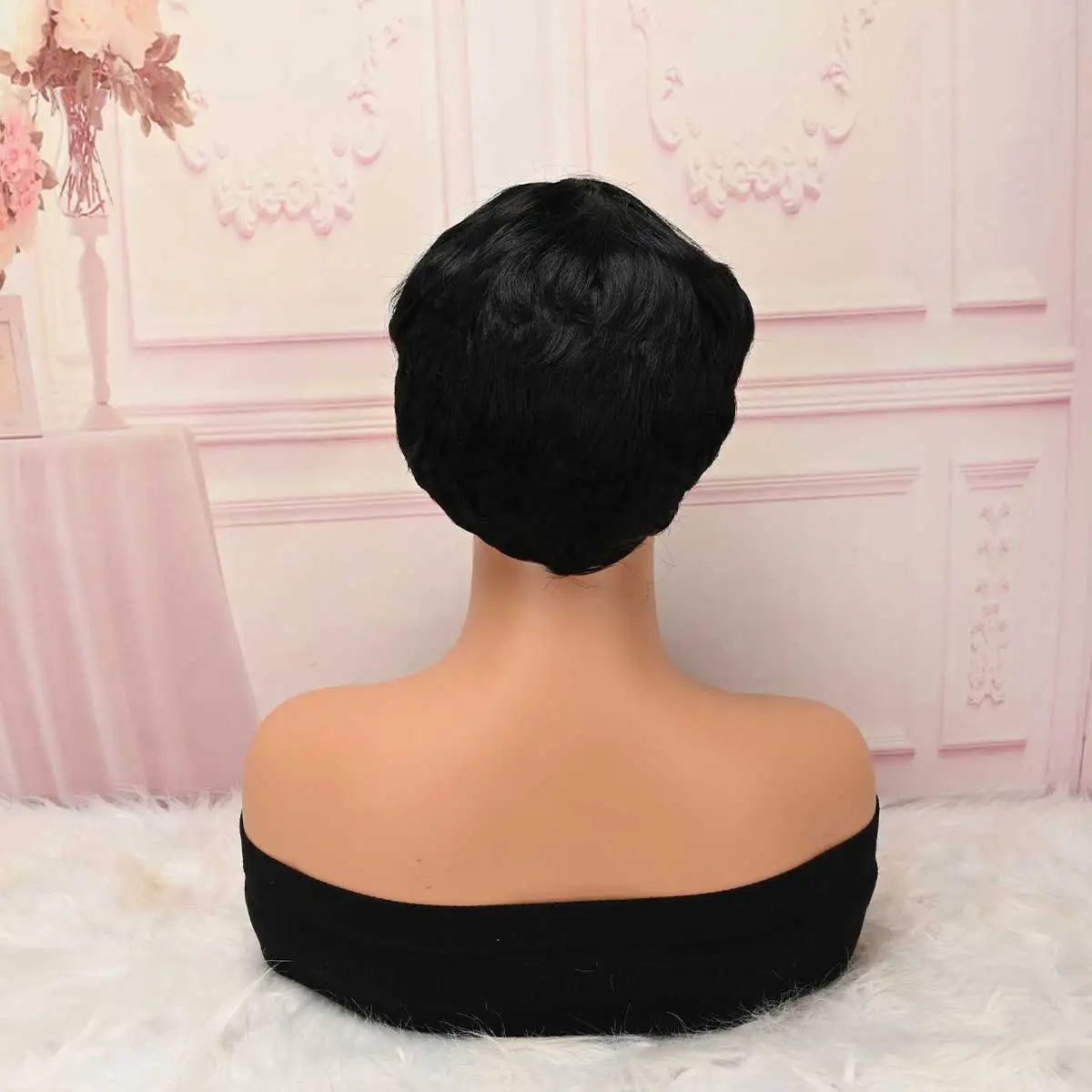 Black Short Pixie Cut Synthetic Wig with Burgundy Highlight Bangs, Heat Resistant Glueless Wear‑and‑Go Wig for Women