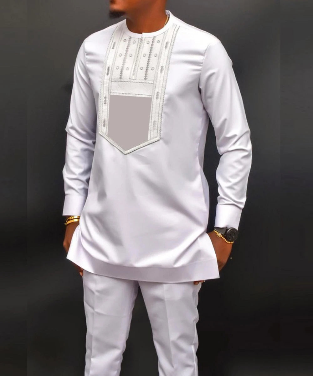 Traje de dos piezas para hombre africano, de manga larga, cuello redondo, camisa bordada, pantalones, conjuntos de fiesta, camisa étnica de verano, estilo africano simple