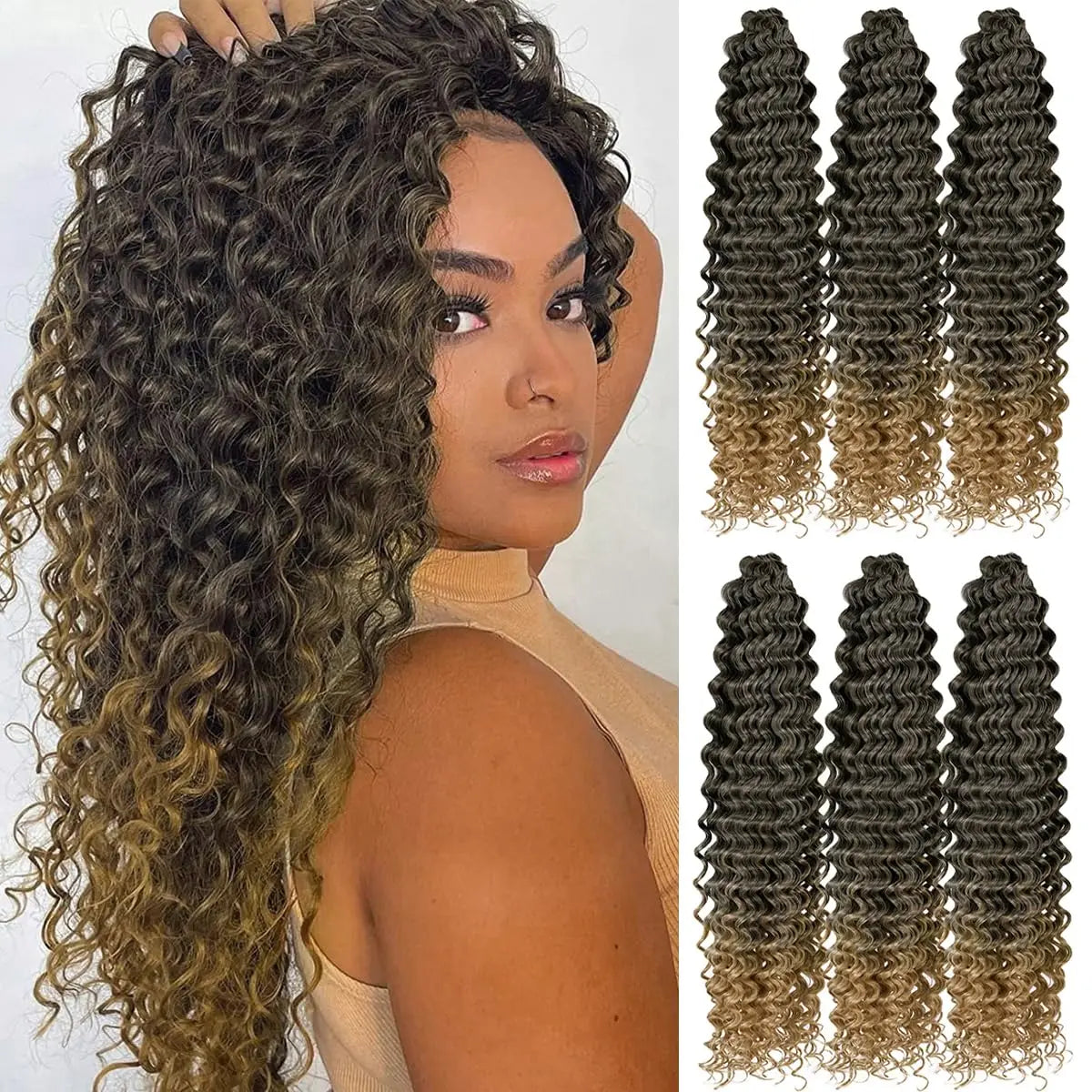 Syntetisk 22 tommers dyp bølget vri heklet hår syntetisk afro krøllete hår heklet fletter ombre brun flettehår extensions