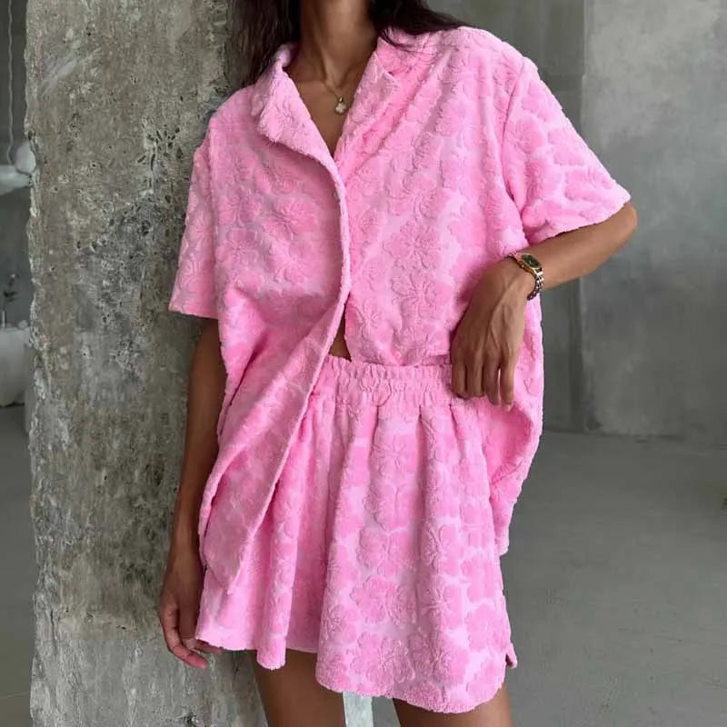Women Casual Loose Pink Pajamas Sets Fashion Lapel Button Shirt & Short Pant Suit Elegant Flower Print Pockets 2Pc Outfits