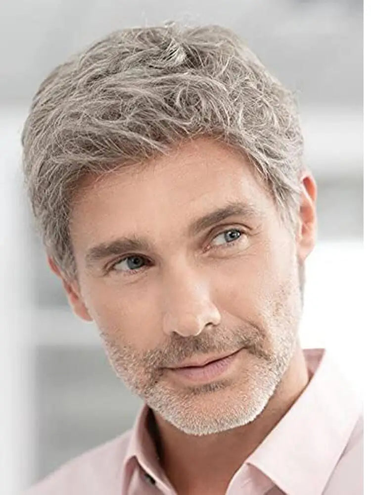 Mens Short Grey Wig Natural Layered Costume Halloween Wigs Synthetic Heat Resistant Hair Replacement Wigs for Male Guys