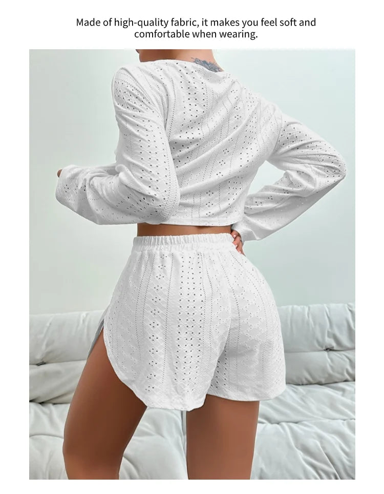 Conjunto de pijama para mujer, ropa de dormir, ropa de descanso, otoño, suave y cómodo, tops de manga larga con pantalones cortos, pijama de mujer, ropa de casa, 2 piezas