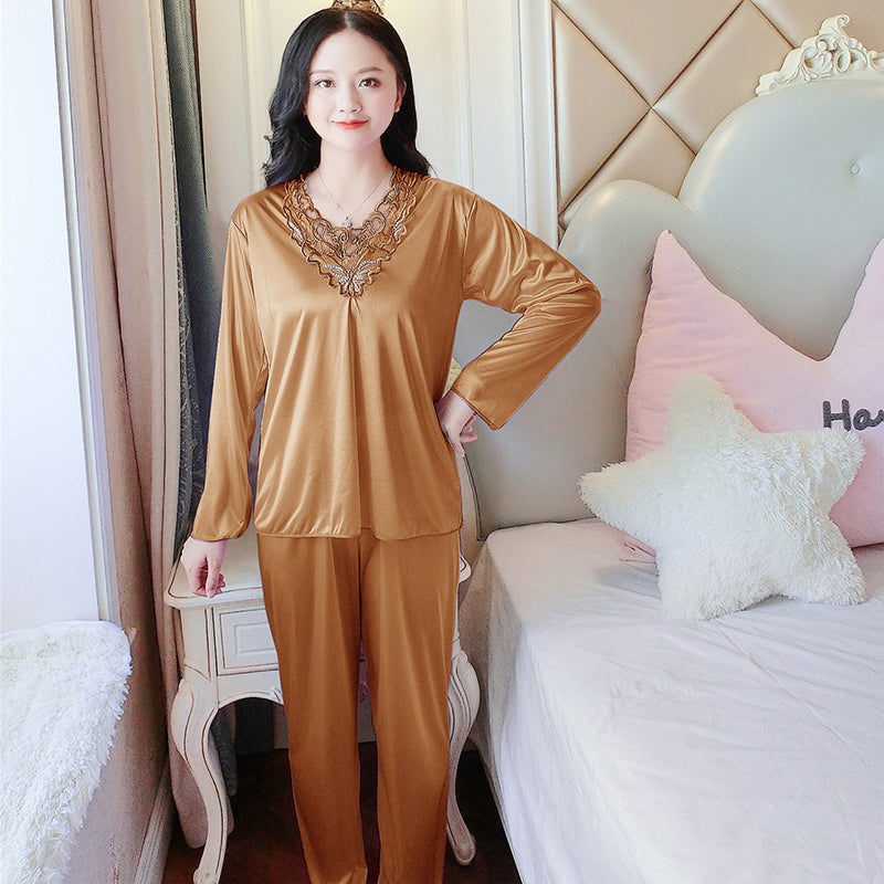 Women's Pajamas Set Summer Long Sleeve And Pants Pyjamas Two-piece Set Pajama Ice Silk Satin Sexy Sleepwear Home Suit Loungewear